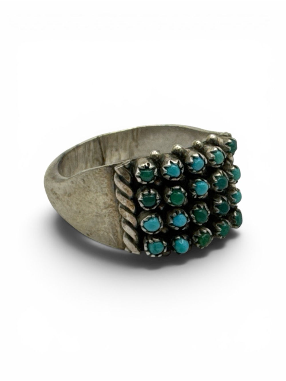 Vintage Sterling Silver Zuni Snake Eyes 20 Natural Turquoise Stone Ring Size 8.5